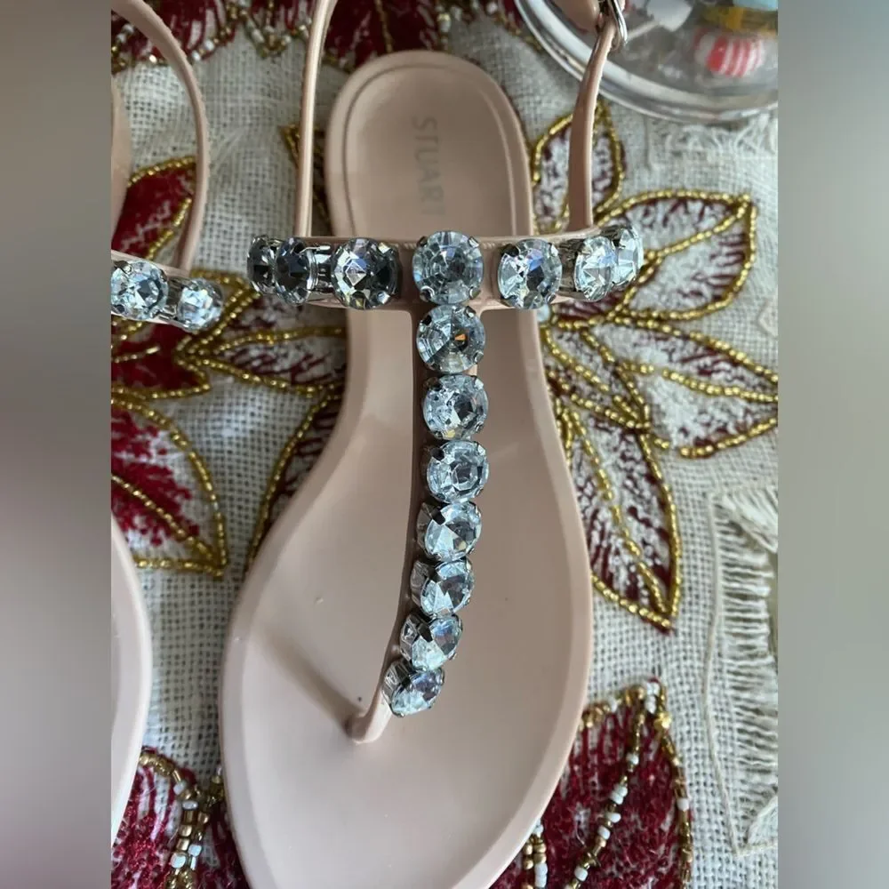 Stuart Weitzman Womens Goldie Jelly T-Strap Sandals Beige Slingback Beaded Sz 6